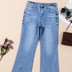 Womens Jeans High Waisted Stretchy Zimbaplatinum Wide Leg Jeans Trendy Slit Hem